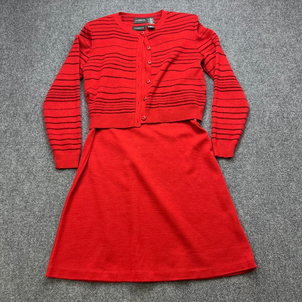 Liz Claiborne Vintage 90s Knit Red Striped Cardigan / Sleeveless‎ Midi Dress Set